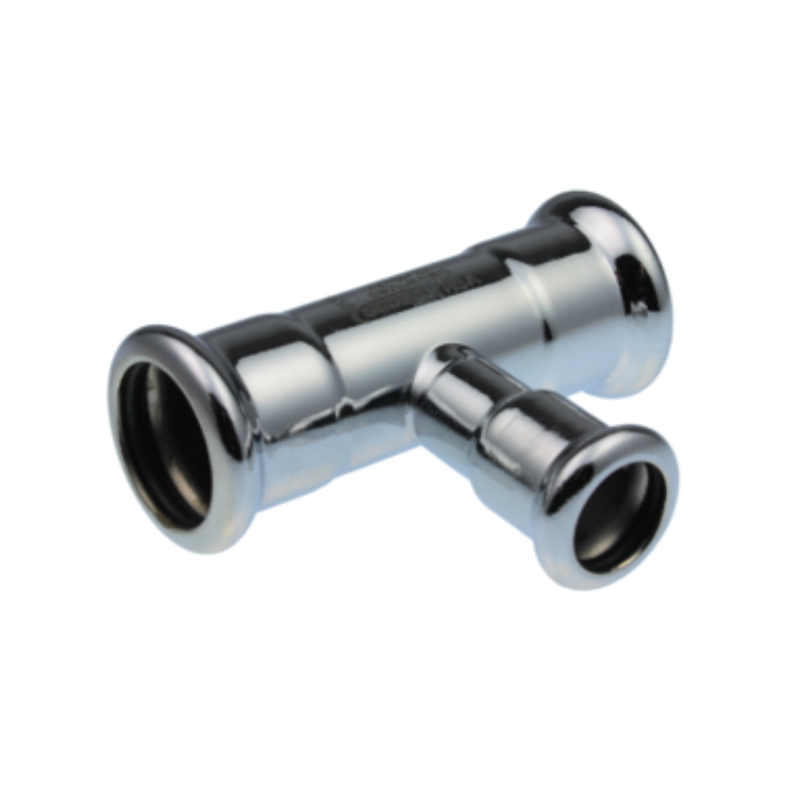 Forzinket & reduceret press T-stykke med 3 muffer - 54 - 22 - 54 mm