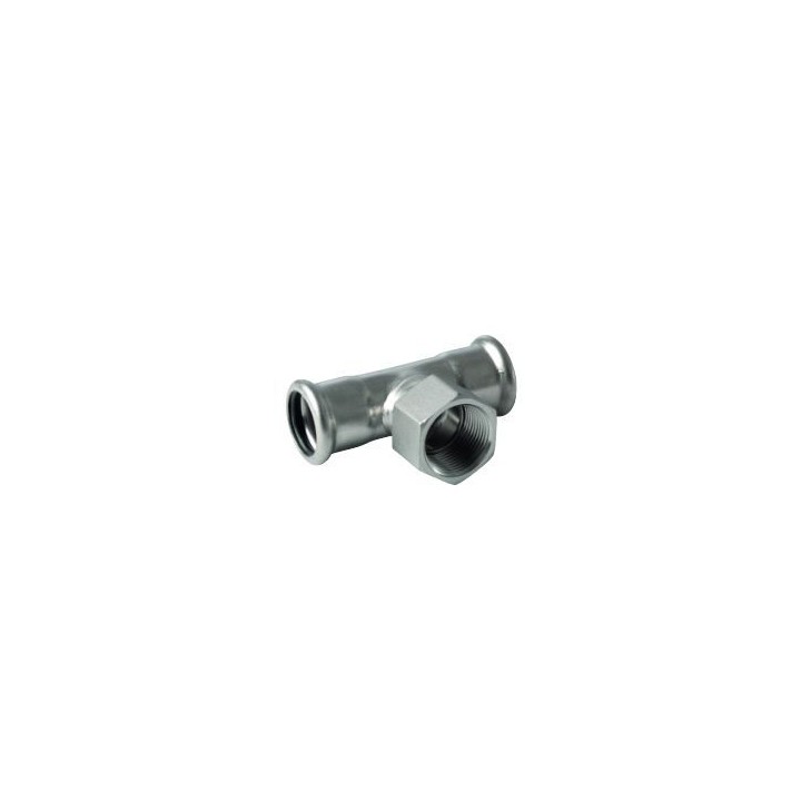 Rustfrit press T-stykke med muffe, indvendigt gevind & muffe - 22 - ¾" - 22 mm