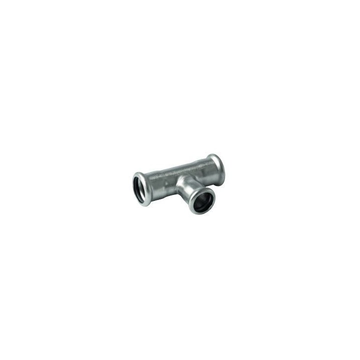 Reduceret rustfrit press T-stykke med 3 muffer - 28 - 18 - 28 mm
